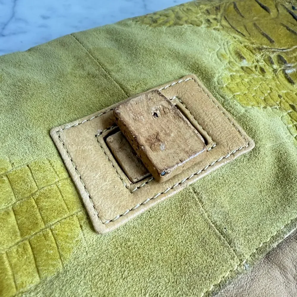 L.A.M.B. Embossed Leather Suede Clutch Bag Yellow Tan Lime Green Y2K